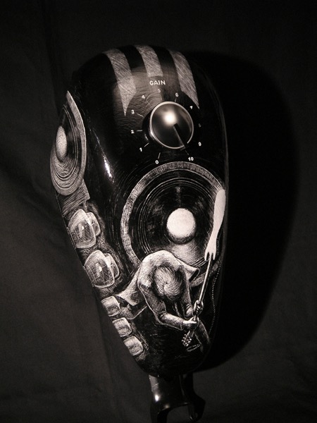 Overdrive, scratched onto Harley motorcycle gas tank